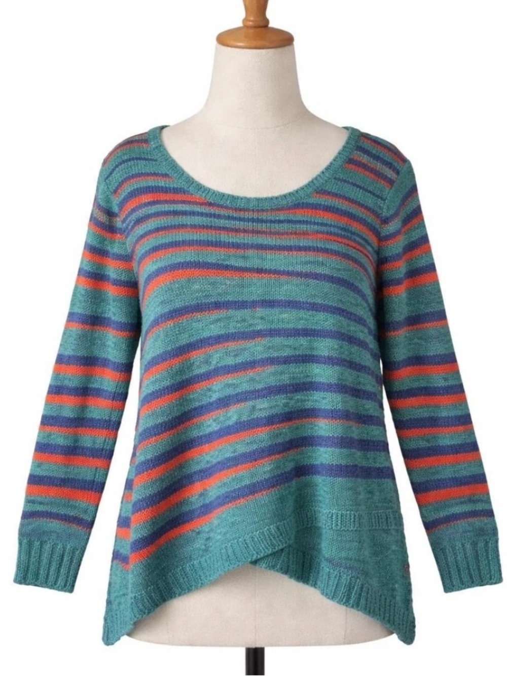 Soft Surroundings Teal Striped Scoop-Neck Sweater with Blue and Coral